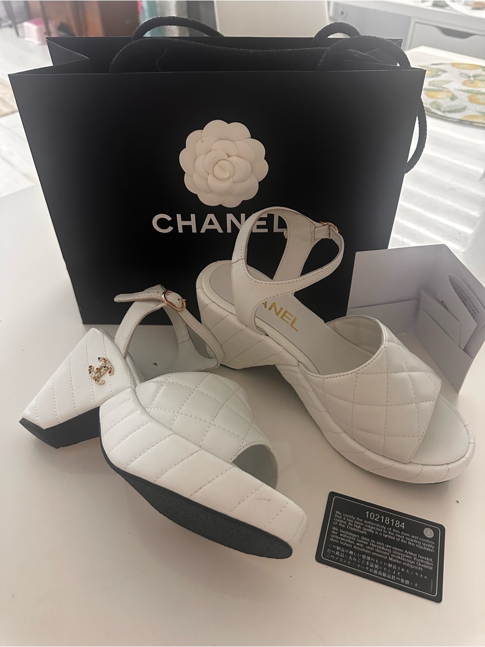 CHANEL White Quilted Leather Slingback Block Heel Sandals